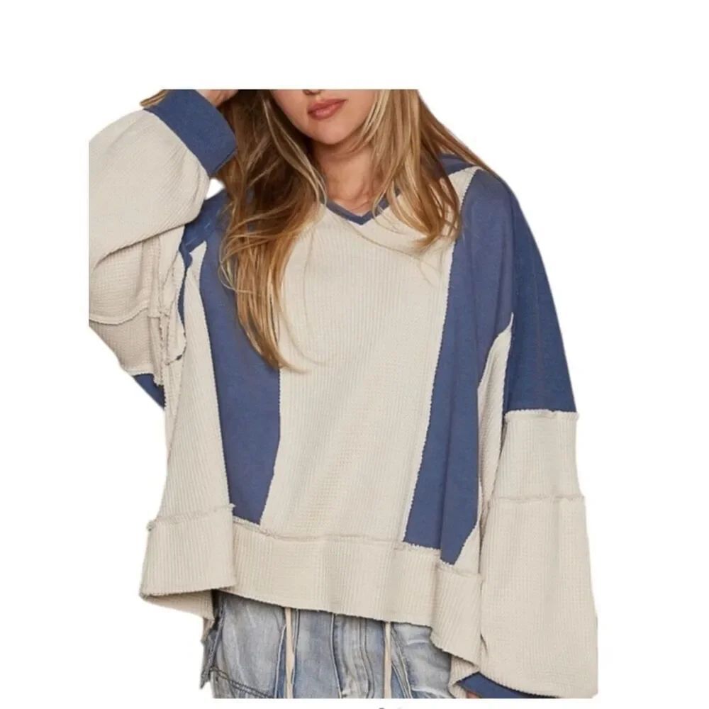 NWOT POL Two-Tone Waffle Knit Pullover -Oat & Blueberry Oversized size L